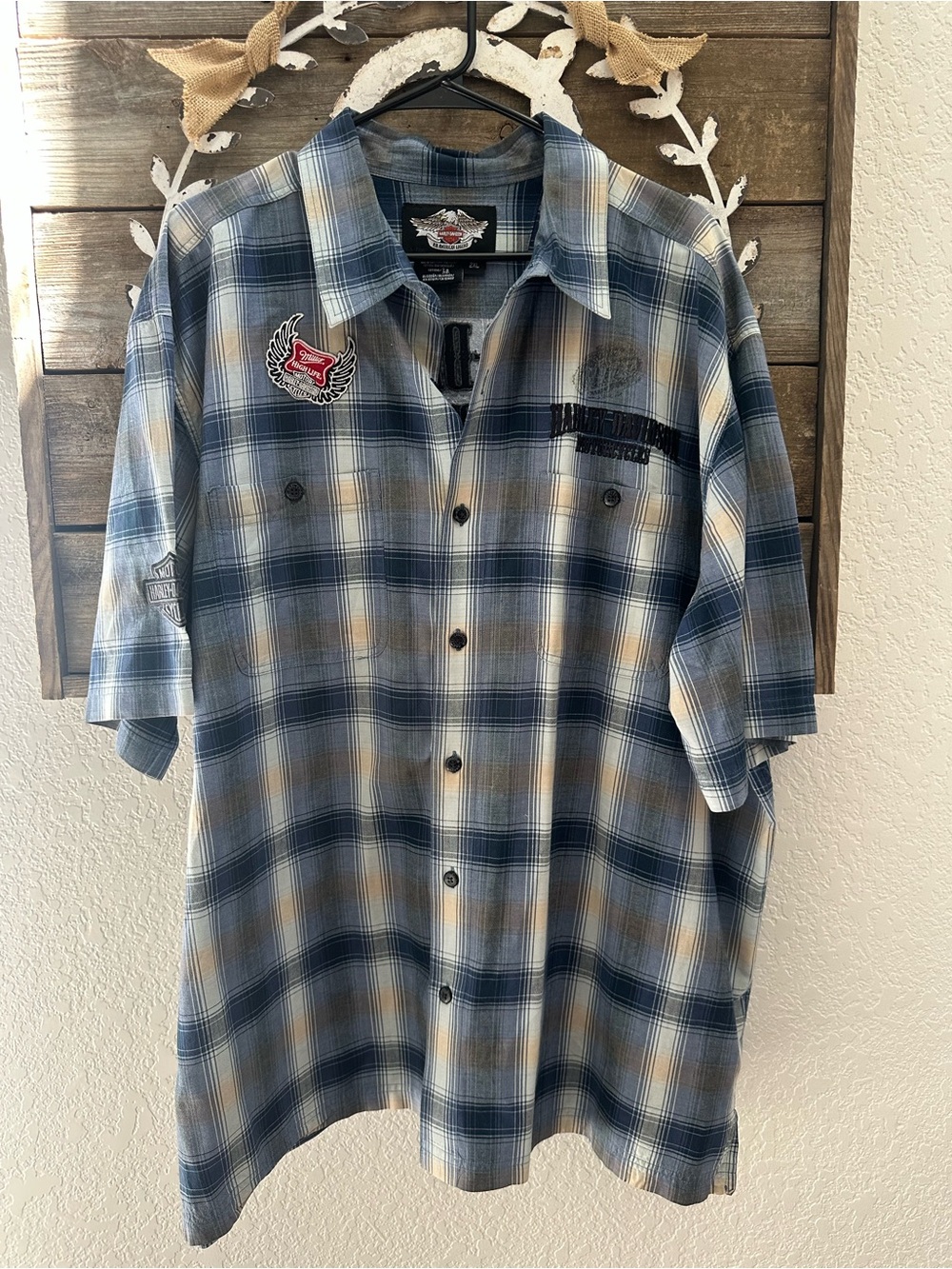 Harley-Davidson Men's Blue Plaid Short-Sleeve Button-Up Shirt 2XL